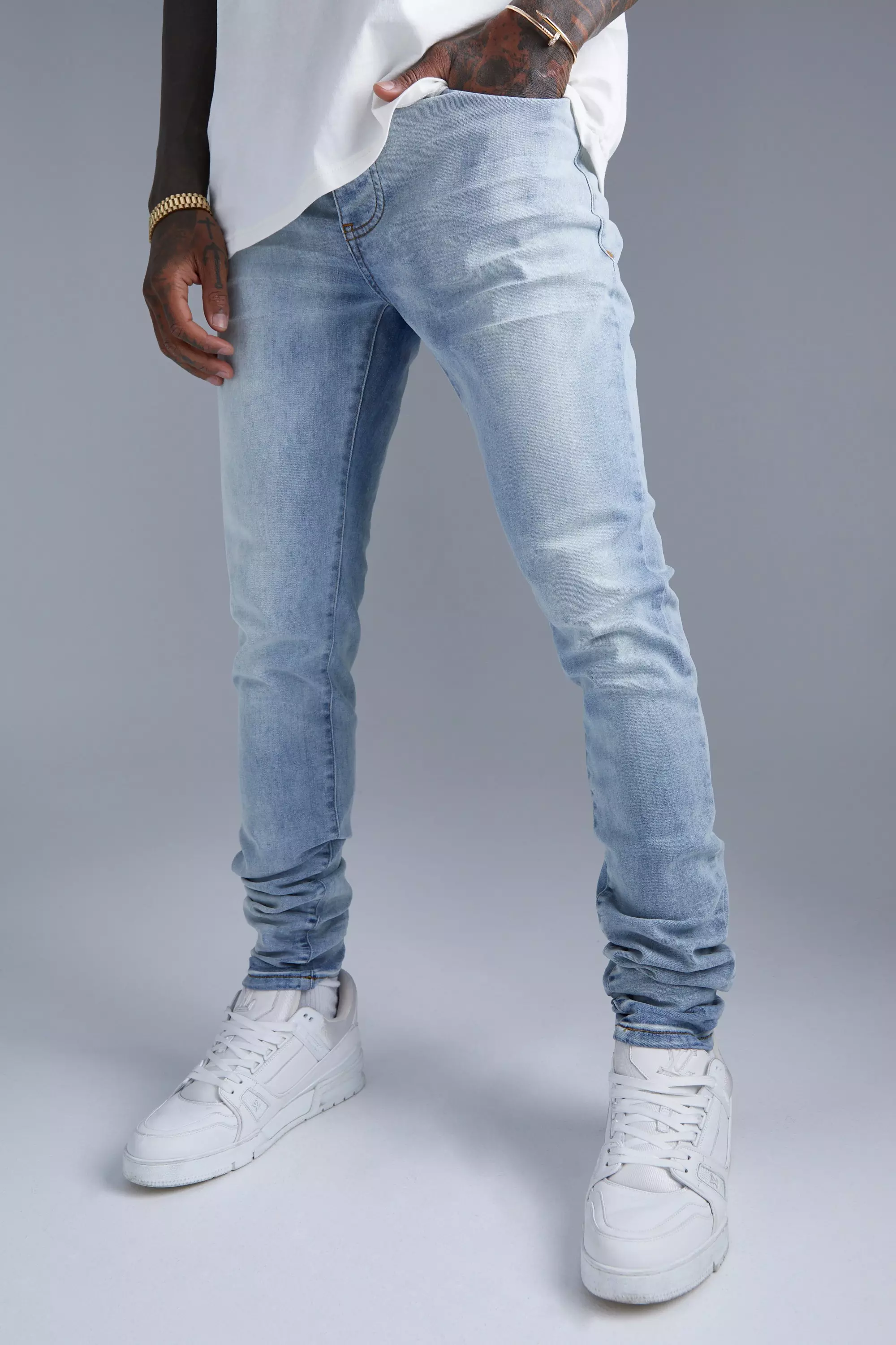 Mens skinny 2024 stacked jeans